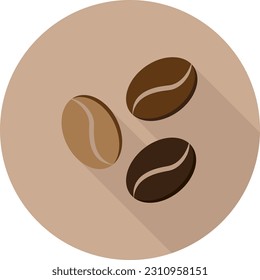 Icono de judías de café con sombra larga sobre fondo marrón, estilo de diseño plano