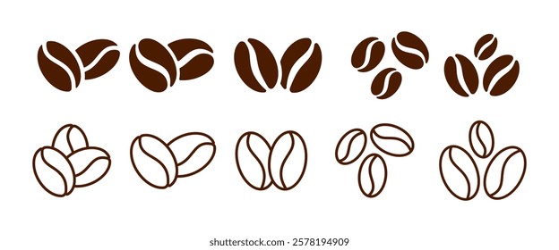 Coffee Beans Icon Signs Set. Caffeine Logo Symbol Vector Design.