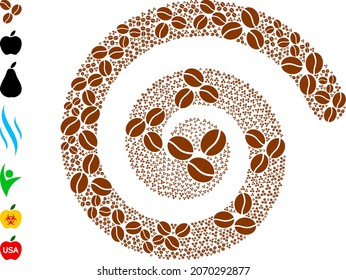 Mosaico de la espiral del icono del café. Los objetos de judías de café se organizan en una estructura de mosaico de rizos. El retorcido del objeto se combina con elementos aleatorios de granos de café. Algunos otros iconos están diseñados.