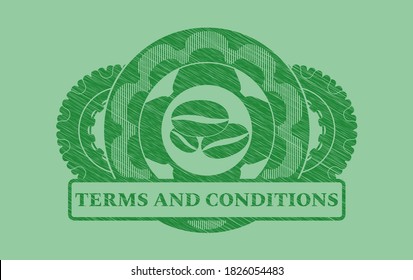 icono de granos de café y términos y condiciones texto Insignia de trazo verde. Eco exquisito fondo. Ilustración intensa. 