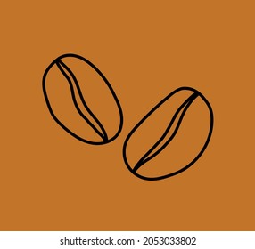 Icono de judías de café, icono vector de dos granos de café, aislado en un fondo marrón.
