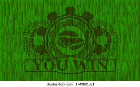 Kaffeebohnen Ikone und Sie gewinnen Text-Gras-Rasen-Emblem. Eco klassischer Hintergrund. Intensive Illustration. 