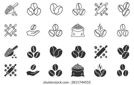 coffee beans icons set including single beans, groups, scoop, sack, hand holding bean, rolling pin with beans, and steaming beans on transparent background