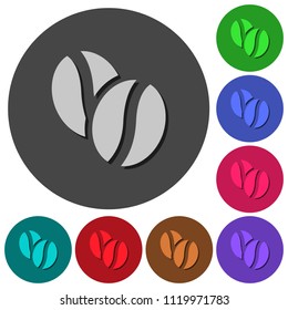 Coffee beans icons with shadows on color round backgrounds for material design