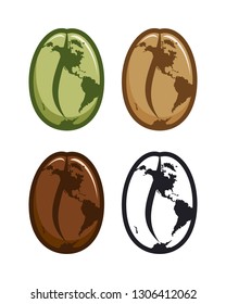 Coffee beans icons with stylized World map