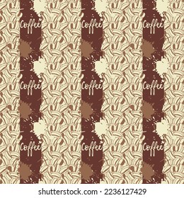 Coffee beans with an inscription and blots against a dark brown stripe. Seamless pattern, print, vector illustration
