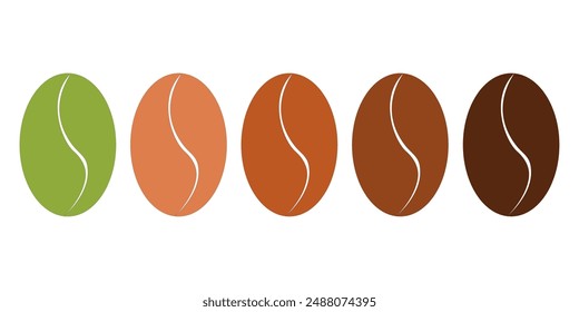 Coffee beans isolated on a white background,color indicate of each roasting state. Vector illustration.