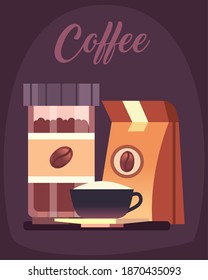 coffee beans jar bag and cup design of drink caffeine breakfast and beverage theme Vector illustration