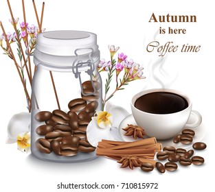 Coffee beans in a jar. Coffee cup and orchid flowers Vector realistic illustrations