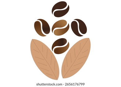 Grãos de café e um ícone de folha marrom. Ilustração vetorial isolada em um fundo branco.