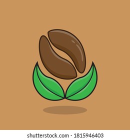 coffee beans with leaf, logo drink, flat design vector graphic, brown color