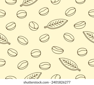 Kaffeebohnen mit Blatt und Pflanzen, nahtloser Vektorhintergrund und Muster. Essen, heißes Getränk, Getränke, Cafés, Kaffeehaus und Kaffeehaus, Vektorgrafik