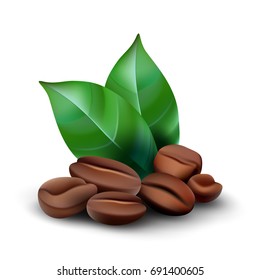 Coffee beans with leafs. Vector illustration isolated on white background
