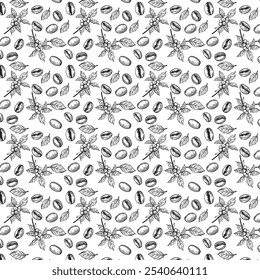Coffee beans leave a pattern vector. Vector seamless pattern for a coffee shop. Vector seamless pattern with coffee beans and leaves. Line art style