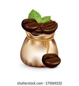 coffee beans with leaves in burlap sack isolated on white 