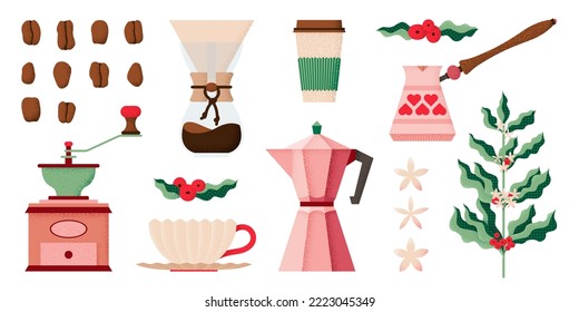 Kaffeebohnen Blätter und Blumenelemente. Kaffeemaschine und Mühle, nehmen Sie den heißen Getränkekrug weg. Einziger, schwanziger Teekanne, Porzellanbecher, Vektorgrafik-Design eines organischen Ladens