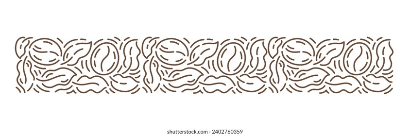 Coffee beans and leaves horizontal background. Plant pattern. Floral ornament. Editable outline stroke. Vector line.