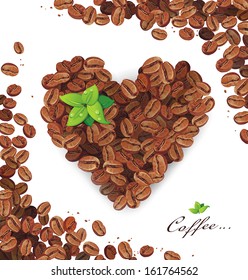 Coffee beans with leaves isolated on white. Vector illustration