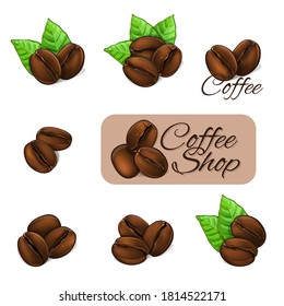 Coffee beans with leaves and logo. Vector Illustration