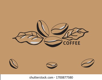 Coffee beans and leaves on brown background. Concept of coffee wallpaper.