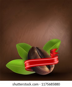 Coffee beans and leaves on dark background, vector illustrator.