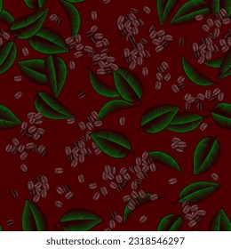 Coffee beans and leaves. Seamless background for fabrics, textiles, packaging and wallpaper. Vintage color engraved seamless pattern background with with coffee.  Vector illustration.
