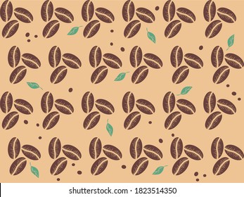 Coffee beans and leaves seamless pattern. Vector illustration for textile design, packaging.