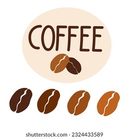 Coffee beans. Lettering, grains of different roasting. Perfect for logo, poster, menu. Hand drawn vector illustration
