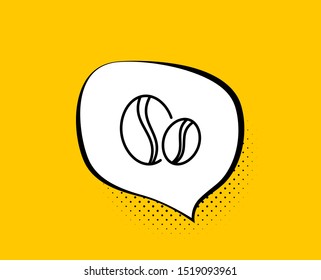 Coffee beans line icon. Comic speech bubble. Hot drink sign. Whole bean beverage symbol. Yellow background with chat bubble. Coffee beans icon. Colorful banner. Vector