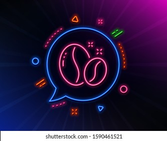 Coffee beans line icon. Neon laser lights. Hot cappuccino seed sign. Roasted seeds symbol. Glow laser speech bubble. Neon lights chat bubble. Banner badge with coffee beans icon. Vector