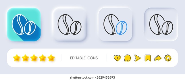 Coffee beans line icon. Neumorphic, Flat shadow, 3d buttons. Hot drink sign. Whole bean beverage symbol. Line coffee beans icon. Social media icons. Vector