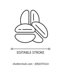 Coffee beans linear icon. Roasted seeds for espresso preparation. Barista accessories. Thin line customizable illustration. Contour symbol. Vector isolated outline drawing. Editable stroke