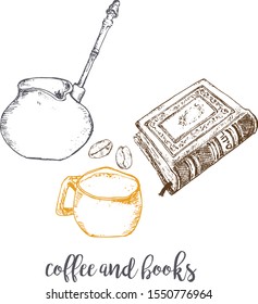 Coffee, beans, coffee maker and books vector ink pen hand drawn pattern. Sketch illustration of coffee maker, cup, coffee beans and book to read.