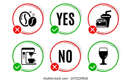 Coffee beans, Coffee maker and Hamburger icons simple set. Yes no check box. Beer glass sign. Roasted seeds, Tea machine, Burger with drink. Brewery beverage. Food and drink set. Vector