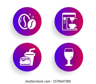 Coffee beans, Coffee maker and Hamburger icons simple set. Halftone dots button. Beer glass sign. Roasted seeds, Tea machine, Burger with drink. Brewery beverage. Food and drink set. Vector