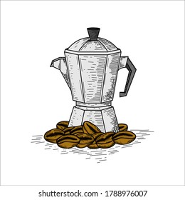 Coffee beans with coffee maker, hand drawn vintage vector illustration.