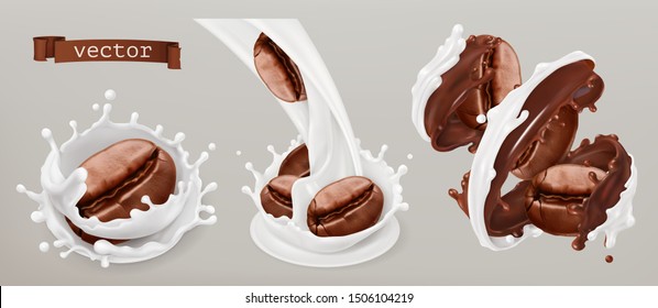 Coffee beans and milk splashes. 3d vector realistic set