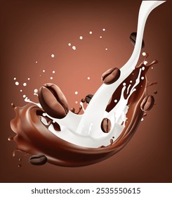 Coffee beans and milk splashes. 3d vector realistic Mesh gradient wes used