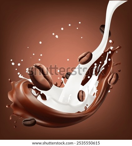 Coffee beans and milk splashes. 3d vector realistic Mesh gradient wes used