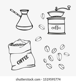 Coffee beans, mill, pot and coffee bag. Canvas bag with coffee beans. Isolated on white. Traditional coffee package. Hand drawn style. Line art sketch. Vector illustration