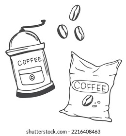 Coffee beans, mill, pot and coffee bag. Canvas bag with coffee beans. Isolated on white. Traditional coffee package. Hand drawn style. Line art sketch. Vector illustration