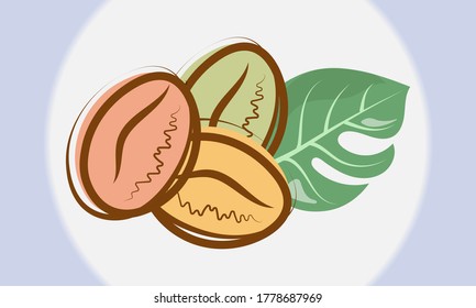 Granos de café y hojas de monstera.
Nueva cosecha de café,
Vectores de diseño plano aislado,