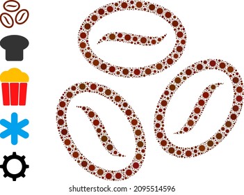 Coffee beans mosaic icon. Vector collage is done from random covid icons. Virus mosaic coffee beans icon and more icons. Coffee beans collage for isolation images.
