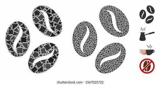 Coffee beans mosaic of ragged pieces in different sizes and color hues, based on coffee beans icon. Vector rough pieces are organized into collage. Coffee beans icons collage with dotted pattern.