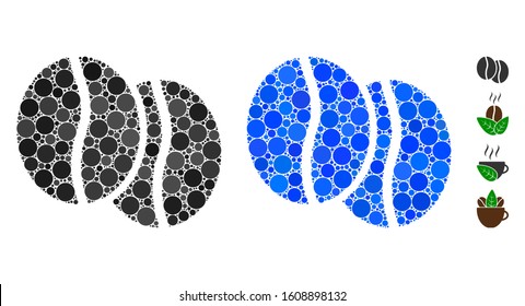 Coffee beans mosaic of round dots in different sizes and color tints, based on coffee beans icon. Vector round dots are grouped into blue illustration.