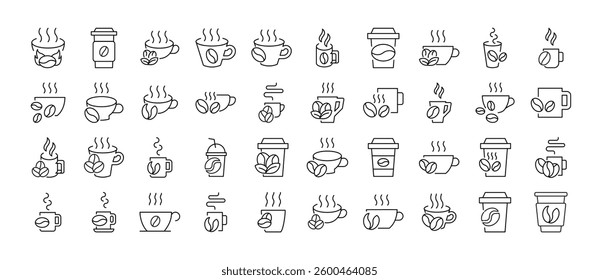Coffee Beans with Mug Bundle of Related Line Icons. Outline Signs for Graphic and Web Design, Apps, Adverts, Various Cards