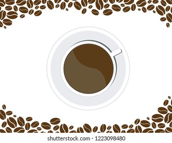 Coffee beans, a mug of hot black coffee with crema on a white background. vector illustration.