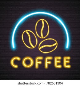 Coffee Beans Neon Light Glowing Vector Illustration Yellow Light Bright Night Sign, Night Advertisement of Coffee
