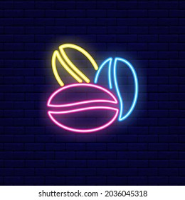 Coffee beans neon light icon. Night bright signboard. Logotype for coffee shop. Outer glowing effect banner. Editable stroke. Isolated vector stock illustration