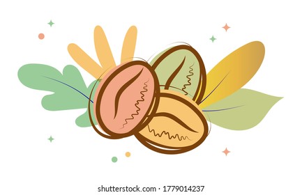 Coffee beans on a background of autumn leaves.
New harvest of coffee.
Autumn illustration for labels.
Flat vector isolated design.